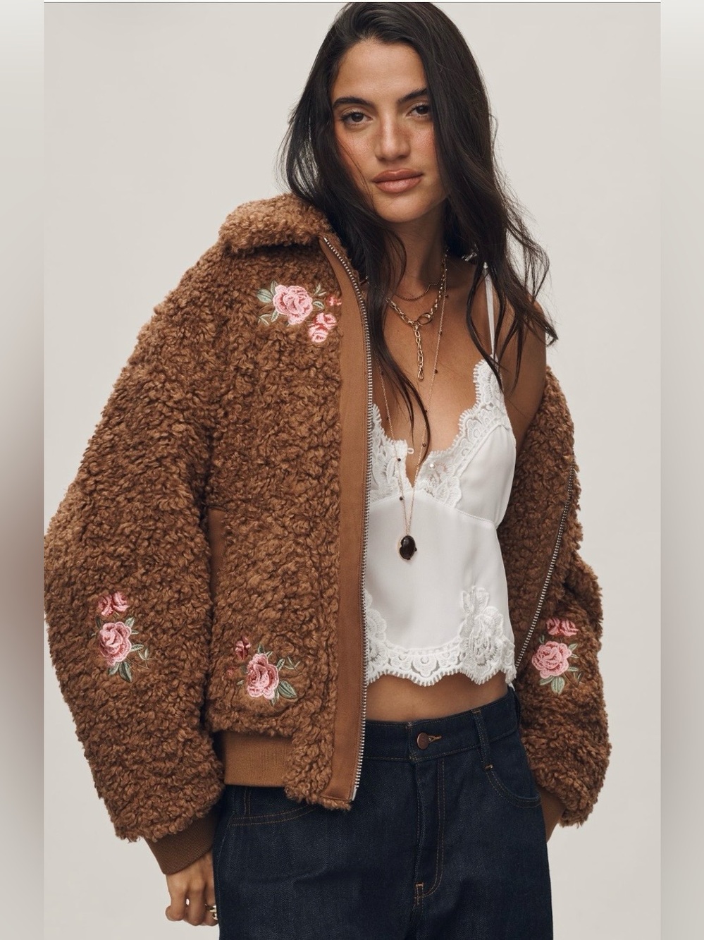 NEW Anthropologie Floral Embroidered Sherpa Bomber Jacket Size Small